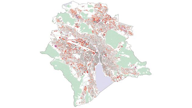 Seit 1988 wurde in der Stadt Zürich jedes sechste Haus abgerissen (rot markiert: Neubauten ab 1988). Karte: Enzmann Fischer Partner.